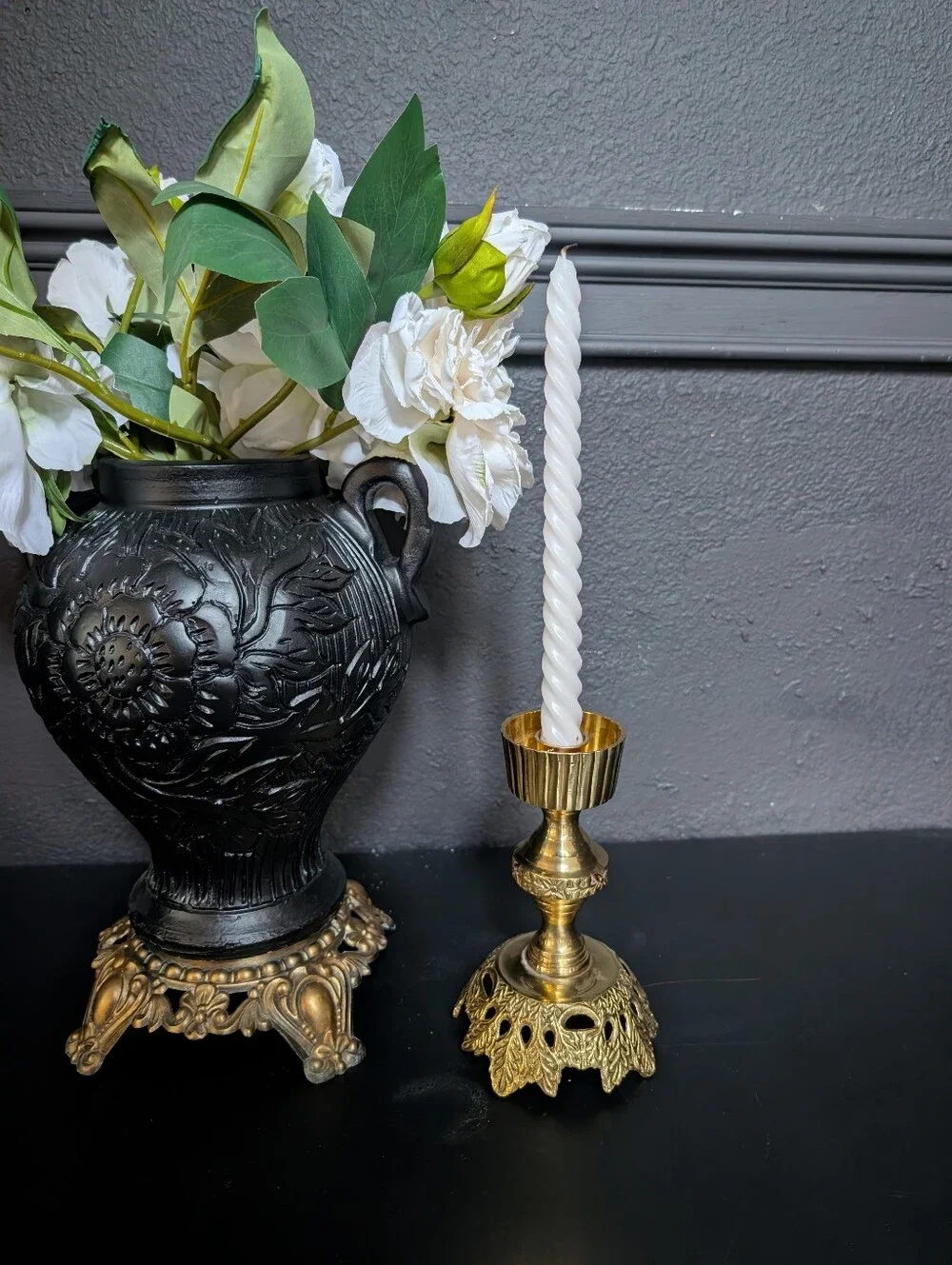 Vintage Solid Brass Ornate Leaf Detail Candle Holder, Hollywood Regency Decor 7.
